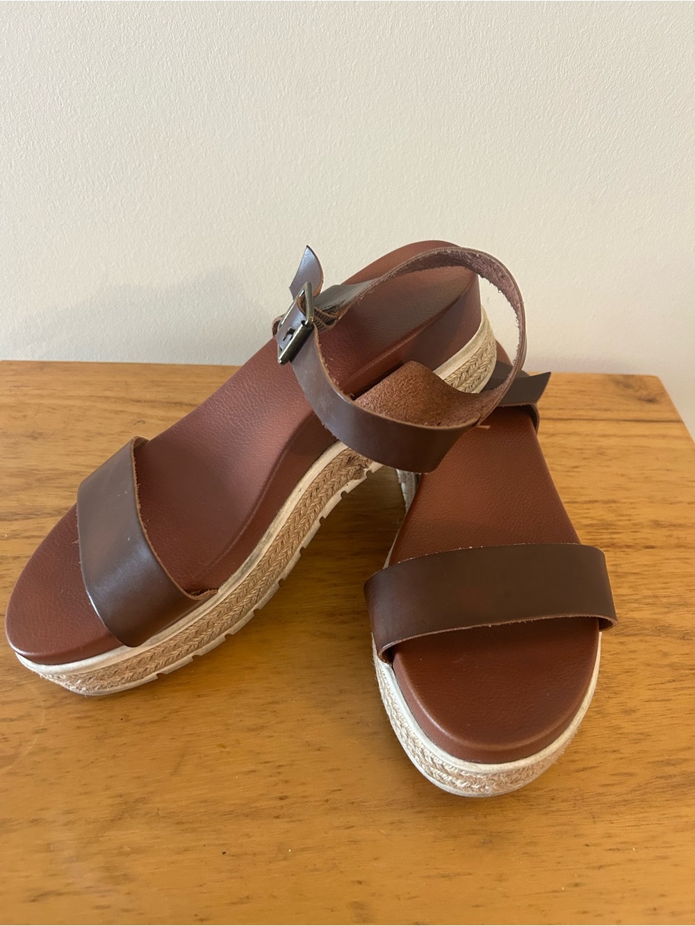 MIS Women's Brown Platform Espadrille Sandals, Sz 10, ankle strap